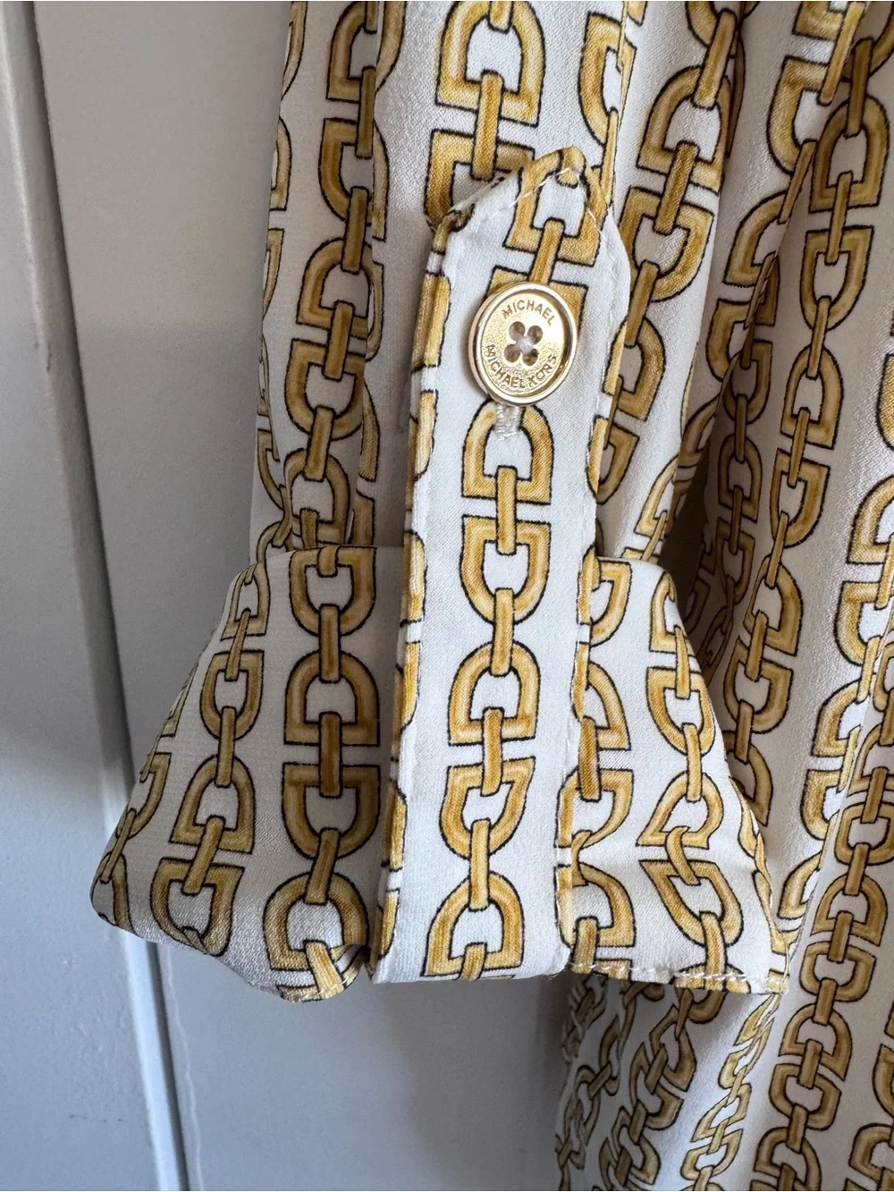 Michael Kors Cream Blouse with Gold Chain-Link equestrian-inspired print